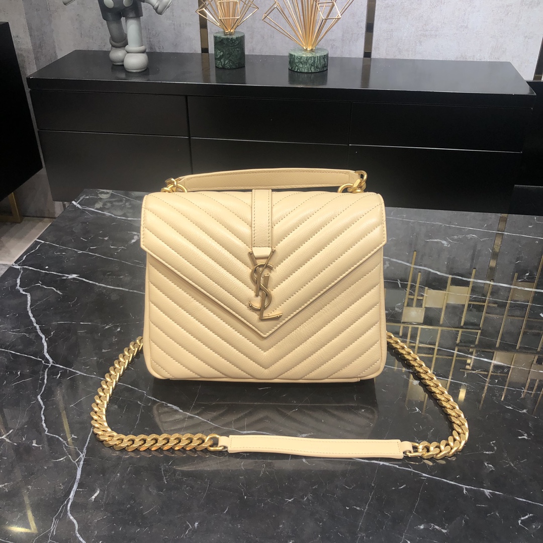 Saint Laurent Lambskin College Handbag Shoulder Bag Apricot 600279 Gold